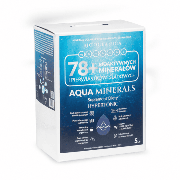 kartonowe opakowanie o pojemności 5 litrów zawierające hipertoniczną wodę morską Aqua Minerals 78+